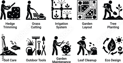 Gardening icons set including hedge trimming, grass cutting, irrigation system, garden layout, tree planting, soil care, outdoor tools, garden maintenance, leaf cleanup, eco design