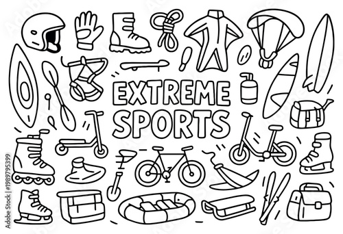 Extreme sports icons with surfboard bicycle helmet outline style
