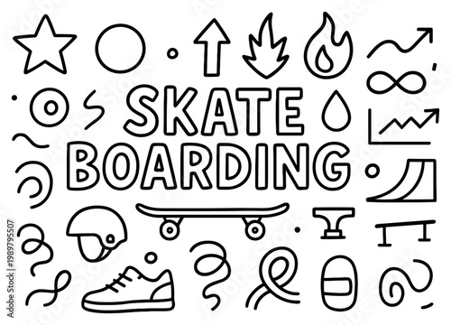 Sports icons with skateboard shoe helmet outline