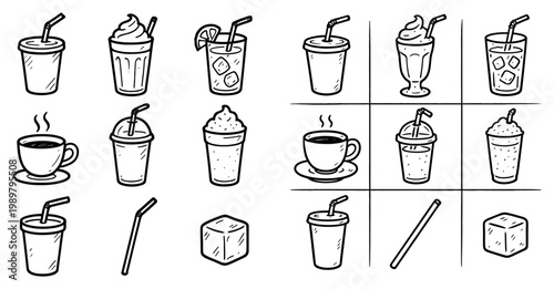 Beverage icons with cup straw ice cube doodle outline style