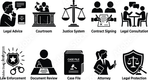 law icons set, legal advice, justice system, attorney