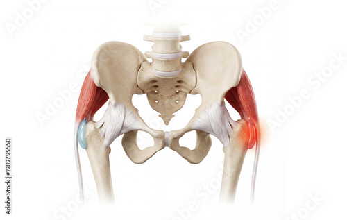 Trochanteric Bursitis. Inflamed Hip Bursa Anatomy Diagram with Iliotibial Band and Femur. Labeled