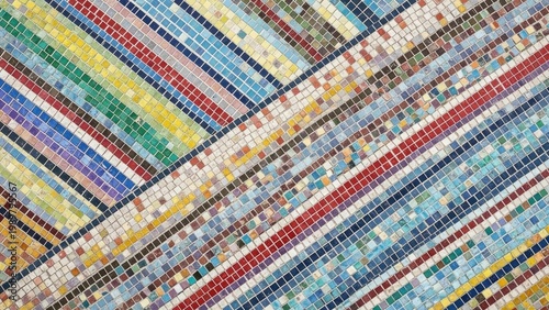 A colorful mosaic artwork with vibrant stripes and patterns