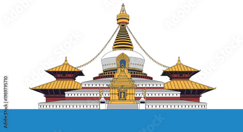 Traditional Nepalese Buddhist stupa with its iconic eyes of Buddha and golden spire set against a clear background.