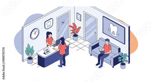 Professional dental clinic interior showing a receptionist assisting a patient at the counter while another waits on a sofa.