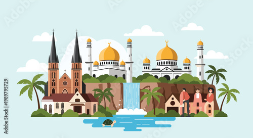 Tropical cityscape featuring a waterfall, church, mosque, and local houses with people enjoying the scenic landscape.