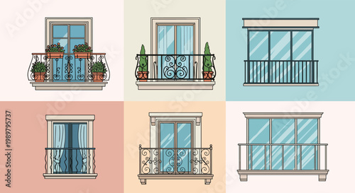 Set of architectural window and balcony designs featuring different styles with wrought iron railings and potted plants.