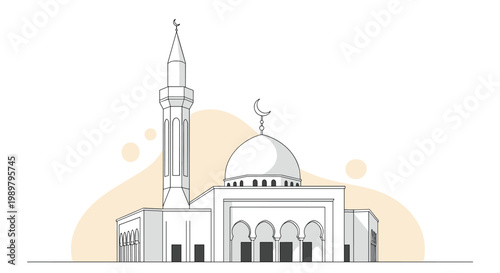 Elegant architectural illustration of a traditional white mosque with a tall minaret and a dome under a crescent moon.