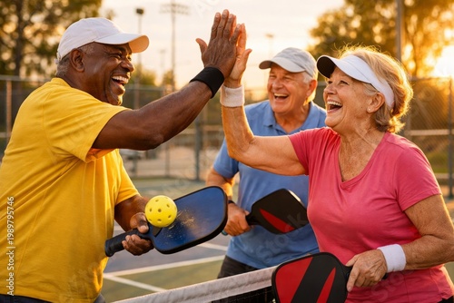 Seniors playing pickleball together celebrating with high five on outdoor court at sunset