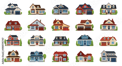 Varied collection of suburban residential house designs showcasing different architectural styles and color schemes.