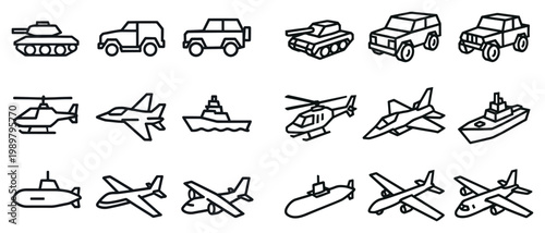 Military vehicle icons with tank helicopter plane outline