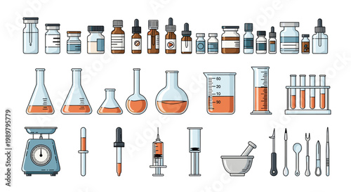 Extensive set of laboratory equipment and medical tools including beakers, test tubes, syringes, and various glass vials.