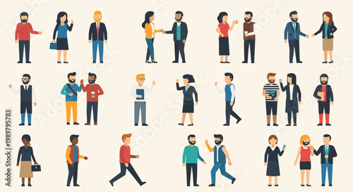 Wide selection of flat people characters in different casual and professional outfits engaged in various social interactions.
