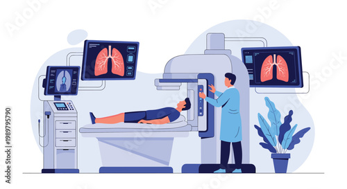 Healthcare scene featuring a doctor performing a diagnostic lung scan on a patient using advanced medical imaging technology.