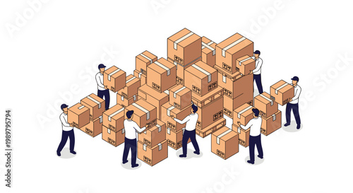 Team of warehouse workers in uniforms moving and stacking many cardboard boxes in an organized logistics operation.