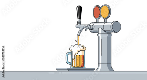 Close up of a chrome draft beer tap pouring a glass of fresh lager with thick white foam on a clean grey bar counter surface.