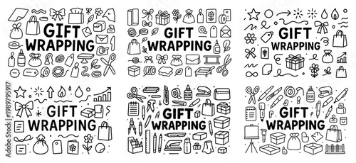 Gift wrapping doodle set with various tools and icons
