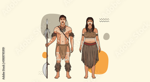 Illustration of an indigenous tribal man and woman in traditional ceremonial clothing with body paint and a wooden spear.
