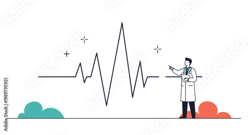 Doctor in a white medical lab coat pointing at a large stylized pulse waveform heartbeat line on a white background with clouds.
