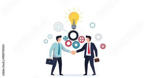 Two businessmen shaking hands to finalize a deal in front of colorful gears and a bright light bulb symbolizing creative ideas.