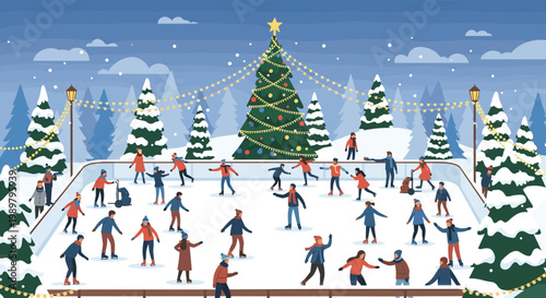 Festive outdoor ice skating rink filled with many people during winter with a large decorated Christmas tree and snowy trees.