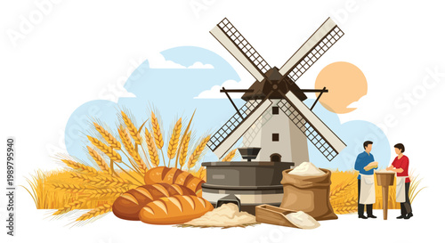 Traditional countryside scene with a windmill, bundles of golden wheat, sacks of flour, fresh bread, and two bakery workers.