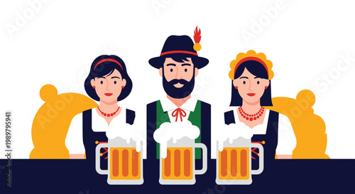 Three people in traditional Bavarian costumes holding large glasses of beer during an Oktoberfest celebration or folk festival.