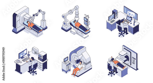 Isometric set of medical diagnostic scenes showing patients undergoing various scans like MRI and CT with specialized equipment.