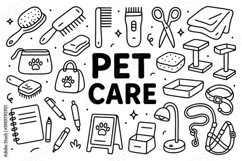 Pet care icons with brush comb leash collar flat playful