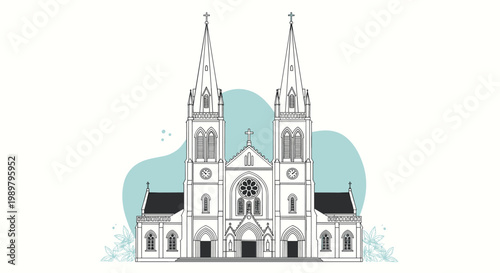 Detailed architectural line drawing of a large gothic cathedral with two high spires and intricate facade on a light background.