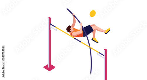 Isometric illustration of a male athlete performing a pole vault jump over a high horizontal bar during a sports competition.