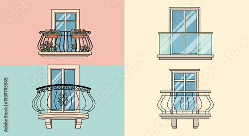 Collection of four different residential balcony styles with windows, some featuring iron railings and colorful flower boxes.