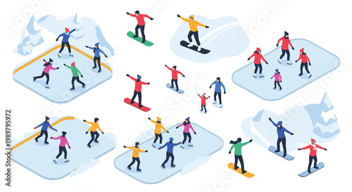 Large collection of isometric figures engaged in various winter sports like skiing, snowboarding, and ice skating on snow.