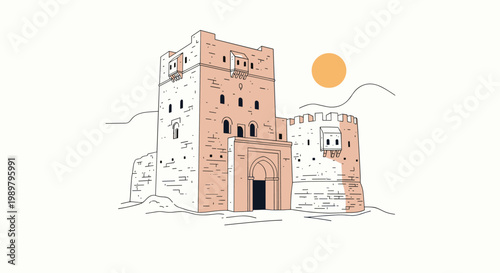 Line art illustration of a historic desert fortress or castle building with tall walls under a hot sun in an arid landscape.