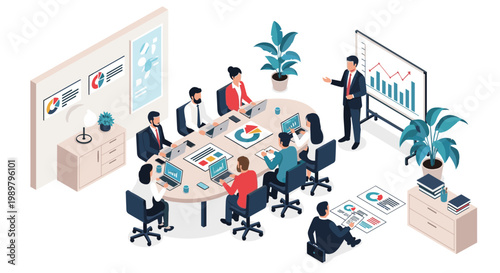 Isometric view of business professionals sitting around a conference table while a leader gives a presentation with charts and graphs.