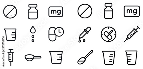 Medical icons with syringe dropper bottle outline minimal