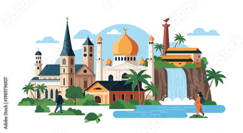 Diverse landscape collage featuring world landmarks including mosque, church, waterfall, and palm trees with travelers in the foreground.