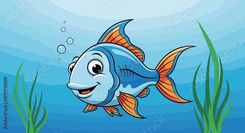 Cheerful blue cartoon fish with orange fins swimming underwater among green seaweed and bubbles in a deep blue ocean scene.