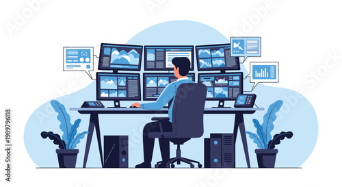IT professional working at a sophisticated control room desk with six computer monitors displaying various data charts and maps.