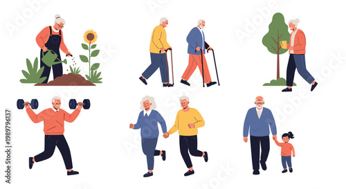 Group of elderly people engaging in healthy activities like gardening, walking, weightlifting, jogging, and walking with grandchildren.