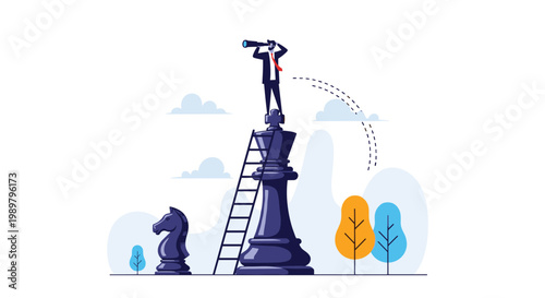 Strategic business concept showing a businessman standing on top of a giant chess king using a telescope to look into the distance.