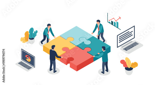 Isometric illustration of team of office workers assembling large colorful puzzle on floor in workspace with computers and data charts.