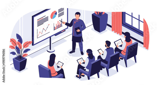 Business professional leading a training seminar or presentation with a group of people sitting and taking notes on tablets in a modern room.