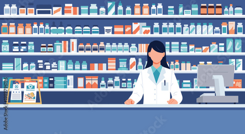 Professional female pharmacist in a white coat standing at a pharmacy counter with shelves full of medicine bottles.