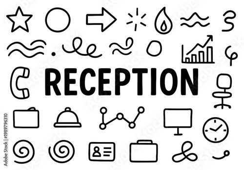 Office reception icons with phone bell briefcase minimal outline
