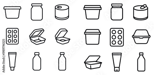 Packaging icons with jar and tub outline linear
