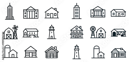 Building icons with house barn and lighthouse outline