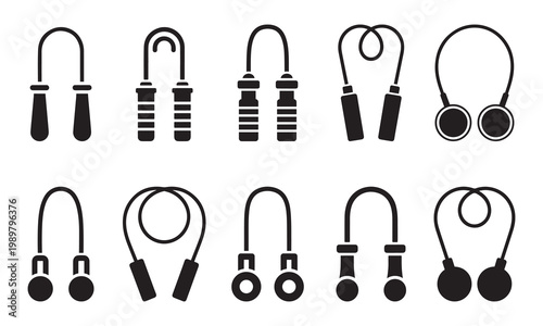 Collection of jump ropes silhouettes isolated on white background with skipping exercise training equipment movement activity athletic recreation childhood