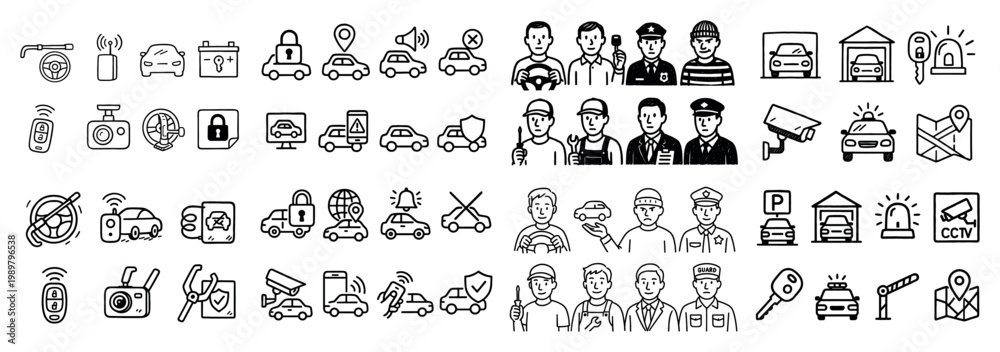 Obraz premium Monochrome security and surveillance icons set