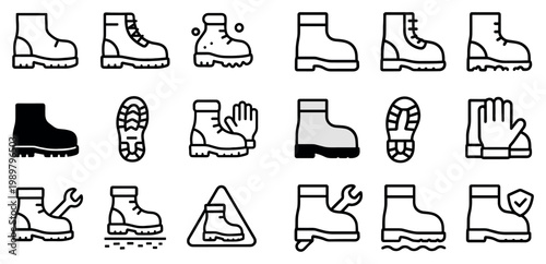 Boot icons with sole glove wrench outline bold